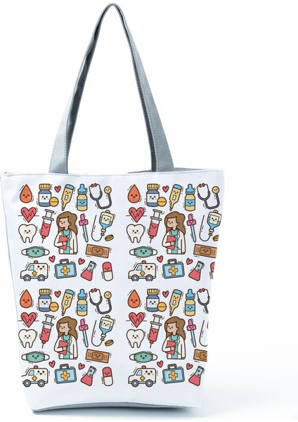 Lingyinteng Hemşire Kalp Diş Işareti Özelleştirilmiş Eco Shopper Kadın Çantası Rahat Seyahat Çantası Omuz Çantası Polyester Tote Çanta Estetik (Yurt Dışından)