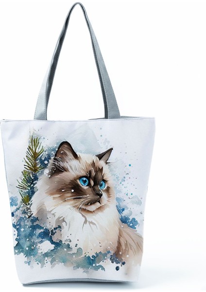 Lingyinteng Sevimli Suluboya Kedi Baskı Çanta Büyük Kapasiteli Gündelik Kadın Çanta Güzel Karikatür Alışveriş Çantası Katlanabilir Seyahat Plaj Çantası (Yurt Dışından)
