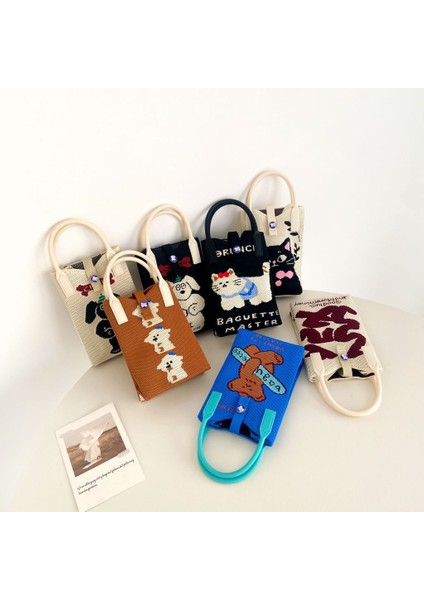 Lingyinteng Örme Cep Telefonu Çantası Niş Tasarım Karikatür Iyi Şanslar ve Servet Mini Cep Telefonu Çantası Çok Yönlü Kedi Örme Crossbody Çanta (Yurt Dışından)
