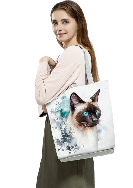 Lingyinteng Sevimli Suluboya Kedi Baskı Çanta Büyük Kapasiteli Gündelik Kadın Çanta Güzel Karikatür Alışveriş Çantası Katlanabilir Seyahat Plaj Çantası (Yurt Dışından)