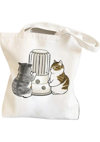 Lingyinteng Bisiklete Binen Kedi, Sevimli ve Sevimli Baskılı Kanvas Çanta, Omuz Çantası, Öğrenci Çantası, Alışveriş Çantası (Yurt Dışından)