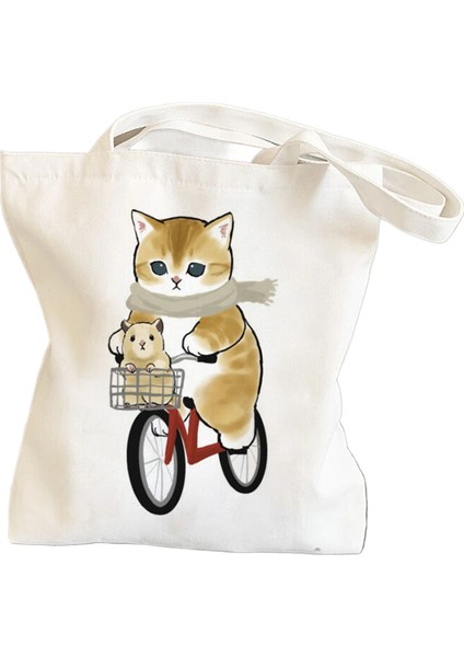 Lingyinteng Bisiklete Binen Kedi, Sevimli ve Sevimli Baskılı Kanvas Çanta, Omuz Çantası, Öğrenci Çantası, Alışveriş Çantası (Yurt Dışından)
