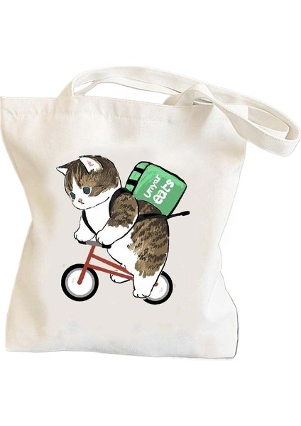 Lingyinteng Bisiklete Binen Kedi, Sevimli ve Sevimli Baskılı Kanvas Çanta, Omuz Çantası, Öğrenci Çantası, Alışveriş Çantası (Yurt Dışından)