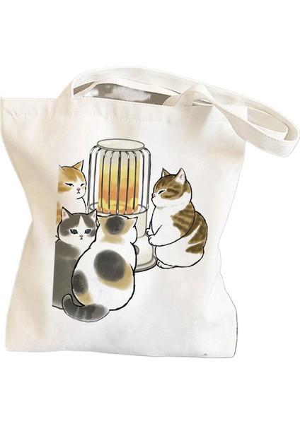 Lingyinteng Bisiklete Binen Kedi, Sevimli ve Sevimli Baskılı Kanvas Çanta, Omuz Çantası, Öğrenci Çantası, Alışveriş Çantası (Yurt Dışından)