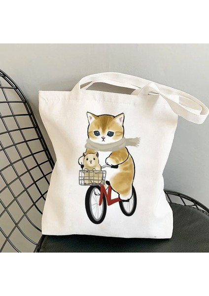 Lingyinteng Bisiklete Binen Kedi, Sevimli ve Sevimli Baskılı Kanvas Çanta, Omuz Çantası, Öğrenci Çantası, Alışveriş Çantası (Yurt Dışından)