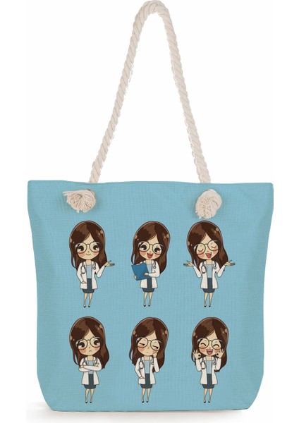 Lingyinteng Karikatür Bayan Hemşire Baskı Çanta Rahat Yüksek Kapasiteli Bayan Çantası Çanta Eko Yeniden Kullanılabilir Alışveriş Çantası Açık Seyahat Plaj Çantası (Yurt Dışından)