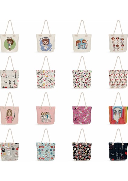 Lingyinteng Karikatür Bayan Hemşire Baskı Çanta Rahat Yüksek Kapasiteli Bayan Çantası Çanta Eko Yeniden Kullanılabilir Alışveriş Çantası Açık Seyahat Plaj Çantası (Yurt Dışından) modelleri