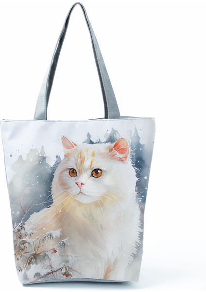 Lingyinteng Sevimli Suluboya Kedi Baskı Çanta Büyük Kapasiteli Gündelik Kadın Çanta Güzel Karikatür Alışveriş Çantası Katlanabilir Seyahat Plaj Çantası (Yurt Dışından)