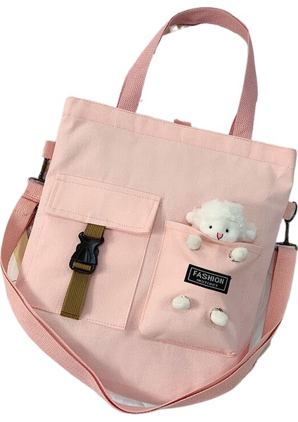 Lingyinteng Sevimli Ayı ve Kuzu Moda Öğrenci Kanvas Çanta Kadın Taşıma Çantası Omuz Crossbody Çanta Edebi Taşıma Çantası (Yurt Dışından)