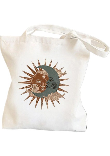 Lingyinteng Güneş ve Ay Baskılı Kanvas Çanta Harajuku Omuz Çantası El Alışveriş Çantası (Yurt Dışından)