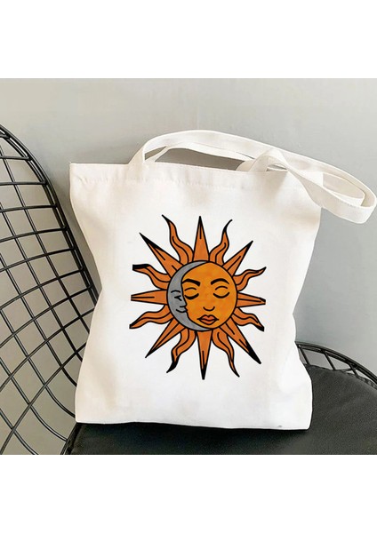 Lingyinteng Güneş ve Ay Baskılı Kanvas Çanta Harajuku Omuz Çantası El Alışveriş Çantası (Yurt Dışından) modelleri