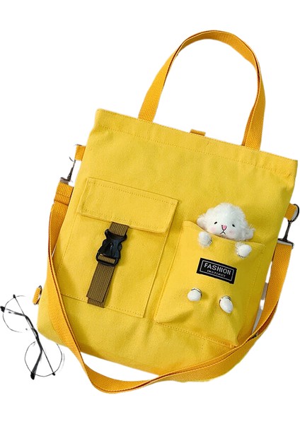 Lingyinteng Sevimli Ayı ve Kuzu Moda Öğrenci Kanvas Çanta Kadın Taşıma Çantası Omuz Crossbody Çanta Edebi Taşıma Çantası (Yurt Dışından)