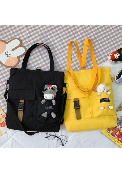 Lingyinteng Sevimli Ayı ve Kuzu Moda Öğrenci Kanvas Çanta Kadın Taşıma Çantası Omuz Crossbody Çanta Edebi Taşıma Çantası (Yurt Dışından)