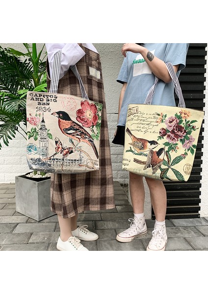 Lingyinteng Bölgesel Özellikler Yeni Moda Kadın Çantası Etnik Tarzı Kanvas Omuz Çantası Büyük Kapasiteli Basit ve Çok Yönlü (Yurt Dışından)