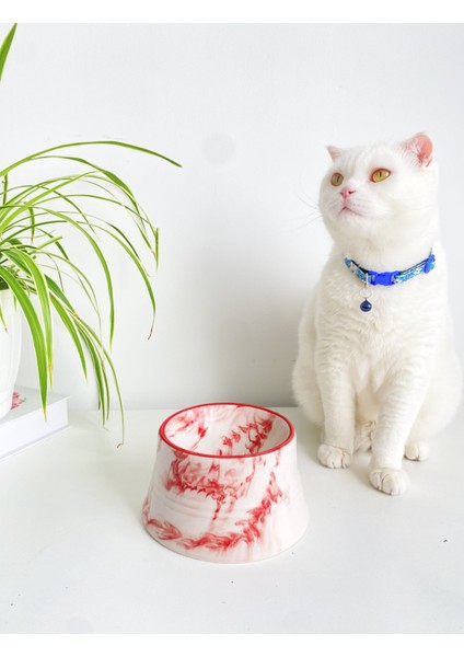 Seramik Kedi ve Köpek Mama Su Kabı Colorful Moon Bowl (Kırmızı Çizgili - Ebru Desen)