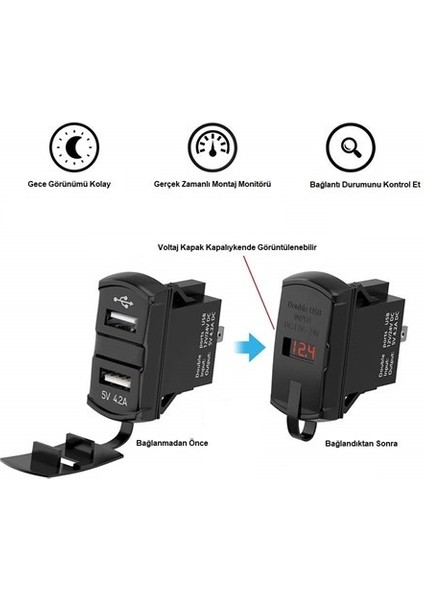 Bfy Ikili USB Soketi + Voltmetre Kare