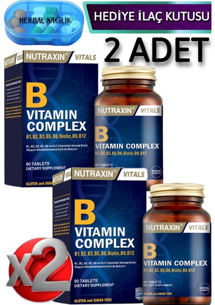 B Complex - B1 - B2 - B3 - B5 - B6 - B12 60 Vitamin Tablet x 2 Adet + İlaç Kutusu