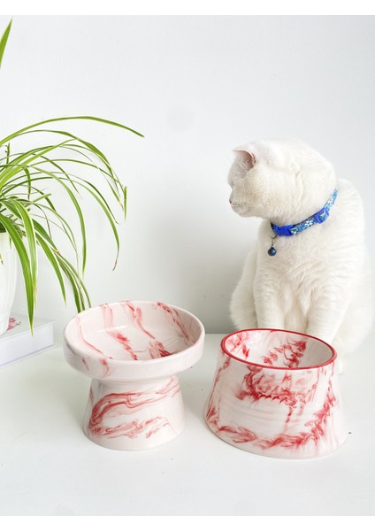 Seramik Kedi ve Köpek Mama Su Kabı (Kırmızı Beyaz & Colorful Moon Kırmız Çizgili - Ebru Desen- 2'li)