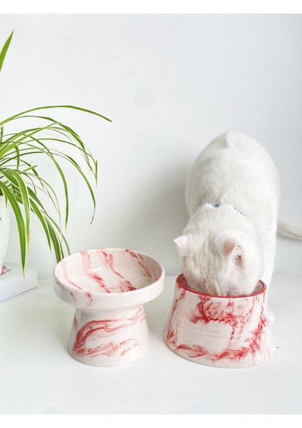 Seramik Kedi ve Köpek Mama Su Kabı (Kırmızı Beyaz & Colorful Moon Kırmız Çizgili - Ebru Desen- 2'li) fiyatları