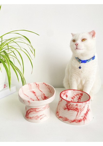 Seramik Kedi ve Köpek Mama Su Kabı (Kırmızı Beyaz & Colorful Moon Kırmız Çizgili - Ebru Desen- 2'li) modelleri