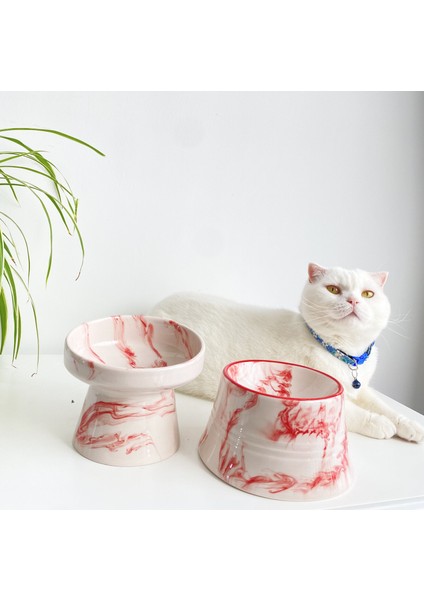 Seramik Kedi ve Köpek Mama Su Kabı (Kırmızı Beyaz & Colorful Moon Kırmız Çizgili - Ebru Desen- 2'li) fırsatları