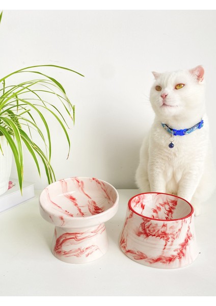 Seramik Kedi ve Köpek Mama Su Kabı (Kırmızı Beyaz & Colorful Moon Kırmız Çizgili - Ebru Desen- 2'li) indirimleri