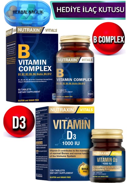 B Complex 60 Adet Vitamin Tablet + Nutraxin D3 Vitamini 1000 IU - 120 Tablet + İlaç Kutusu