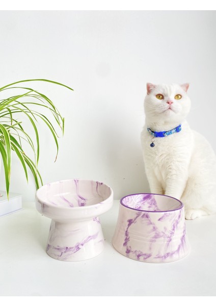 Seramik Kedi ve Köpek Mama Su Kabı (Mor Beyaz & Colorful Moon Mor Çizgili - Ebru Desen- 2'li)