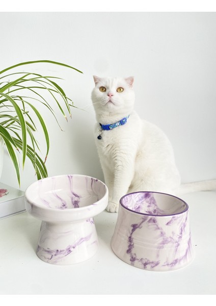 Seramik Kedi ve Köpek Mama Su Kabı (Mor Beyaz & Colorful Moon Mor Çizgili - Ebru Desen- 2'li) fiyatları