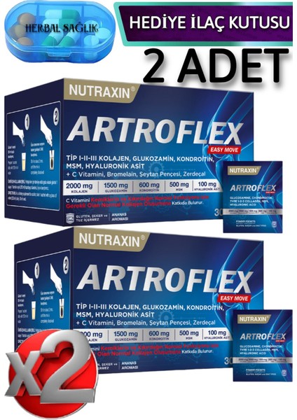 Artroflex Easy Move - Glukozamin - Kondroitin - Msm - Bromelain - Kolajen - Bamya Çiçeği 30 Saşe x 2 Adet + İlaç Kutusu