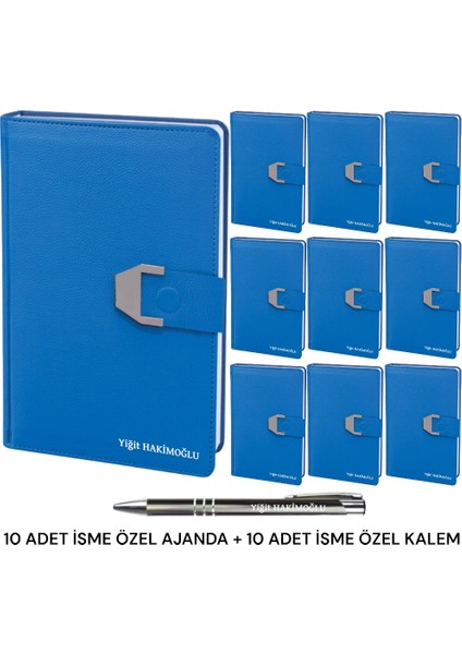 Oranlı Promosyon 10 Adet Kişiye Özel 2025 Ajanda Mıknatıs Kapaklı Tarihli Haritalı 16X24 Defter Lacivert Isme Özel Kalem Hediye