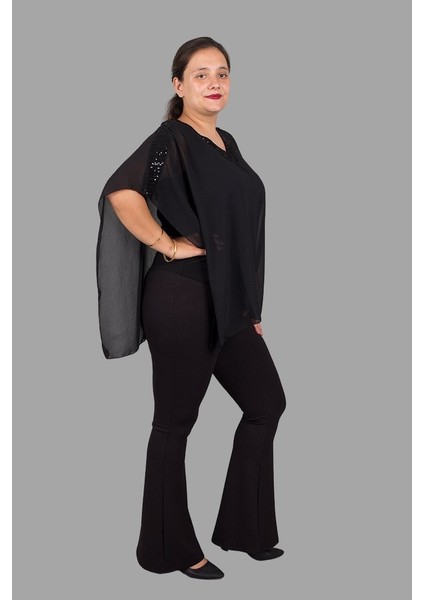 Büyük Beden Yaka Pullu Tül Pelerin Bluz Siyah modelleri