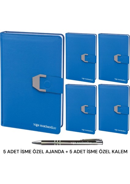 Oranlı Promosyon 5 Adet Kişiye Özel 2025 Ajanda Mıknatıs Kapaklı Tarihli Haritalı 16X24 Defter Lacivert Isme Özel Kalem Hediye