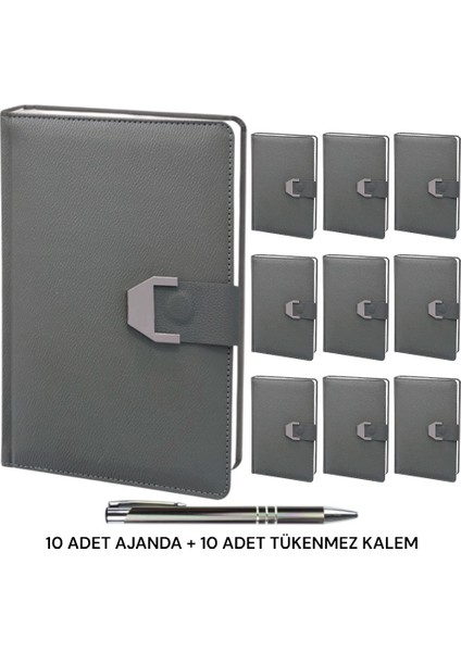 Oranlı Promosyon 10 Adet 2025 Ajanda Mıknatıs Kapaklı Tarihli Haritalı 16X24 Defter Füme Tükenmez Kalem Hediye