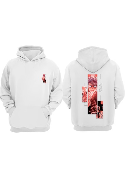Unisex Jujutsu Kaisen Anime Tasarım Ön Arka Baskılı Normal Kalıp Beyaz Sweatshirt