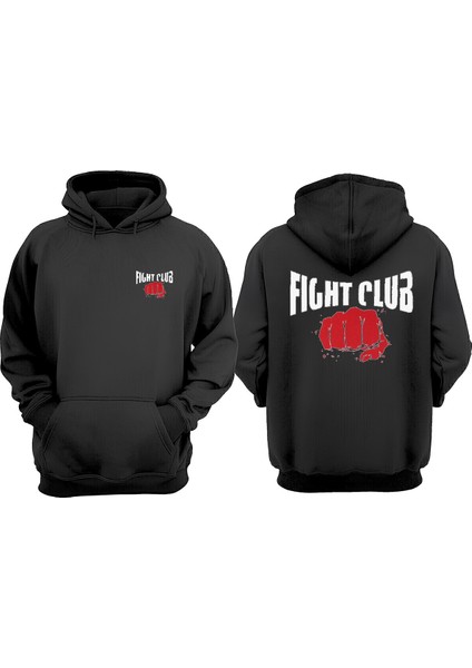 Unisex Fıght Club Yumruk Tasarım Ön Arka Baskılı Normal Kalıp Siyah Sweatshirt