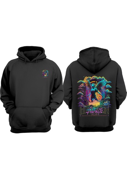 Unisex Heaven Awaits Tasarım Ön Arka Baskılı Normal Kalıp Siyah Sweatshirt