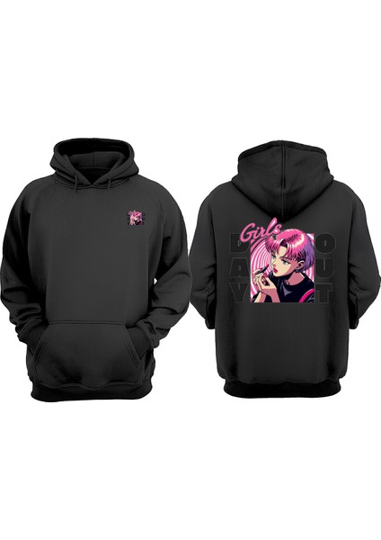 Unisex Girls Day Out Tasarım Ön Arka Baskılı Normal Kalıp Siyah Sweatshirt