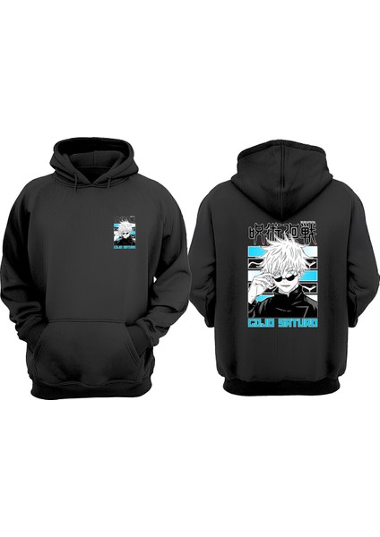 Unisex Gojo Satoru Gözlük Tasarım Ön Arka Baskılı Normal Kalıp Siyah Sweatshirt
