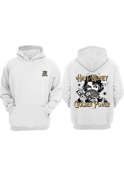 Unisex Have Money Golden Power Tasarım Ön Arka Baskılı Normal Kalıp Beyaz Sweatshirt