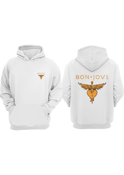 Unisex Love Music Bon Jovi Tasarım Ön Arka Baskılı Normal Kalıp Beyaz Sweatshirt
