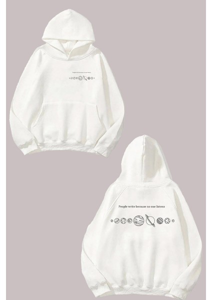 Unisex Günes Sistemi Gezegenler Tasarım Ön Arka Baskılı Normal Kalıp Beyaz Sweatshirt
