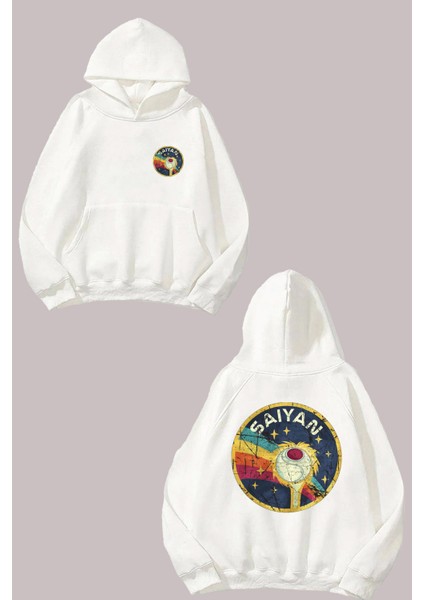 Unisex Saiyan Nasa Tasarım Ön Arka Baskılı Normal Kalıp Beyaz Sweatshirt