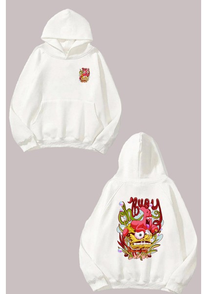 Unisex Sunger Bob Patrick Tasarım Ön Arka Baskılı Normal Kalıp Beyaz Sweatshirt