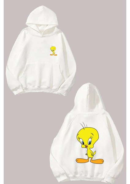 Unisex Tweety Tasarım Ön Arka Baskılı Normal Kalıp Beyaz Sweatshirt