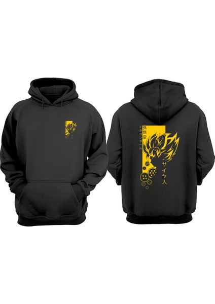 Unisex Anime Son Goku Battle Aura By Visualize Tasarım Ön Arka Baskılı Normal Kalıp Siyah Sweatshirt