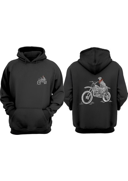 Unisex Motor Kullanan Köpek Tasarım Ön Arka Baskılı Normal Kalıp Siyah Sweatshirt