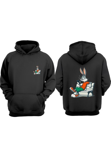Unisex Oturan Bugs Bunny Tasarım Ön Arka Baskılı Normal Kalıp Siyah Sweatshirt
