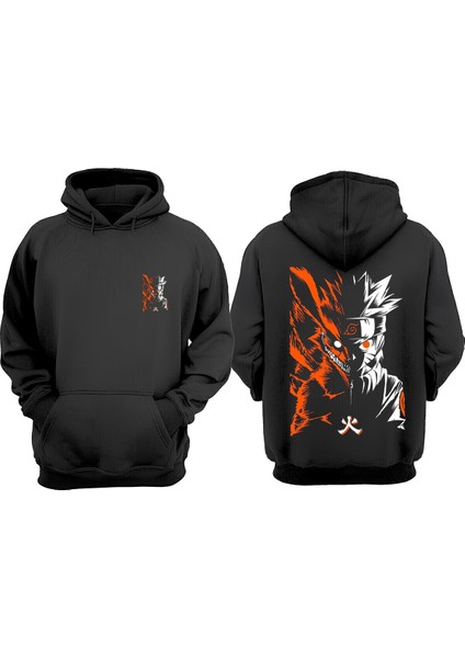 Unisex Naruto Kurama Tasarım Ön Arka Baskılı Normal Kalıp Siyah Sweatshirt