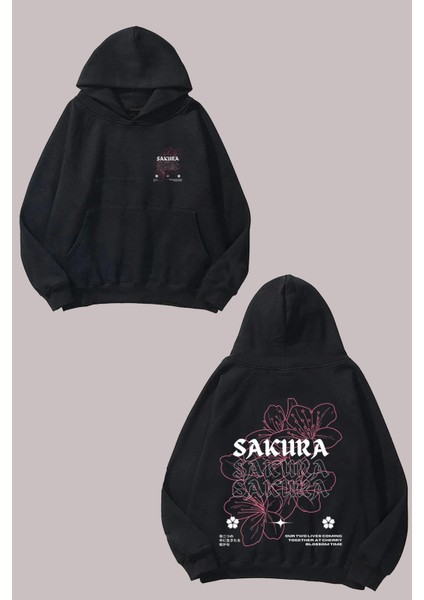 Unisex Sakura Çiçek Tasarım Ön Arka Baskılı Normal Kalıp Siyah Sweatshirt